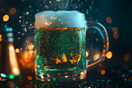 St. Patrick day green beer, Glass mug with a craft beer. Special offer beer. Illustration for flyers, design. Festive Irish pub background.