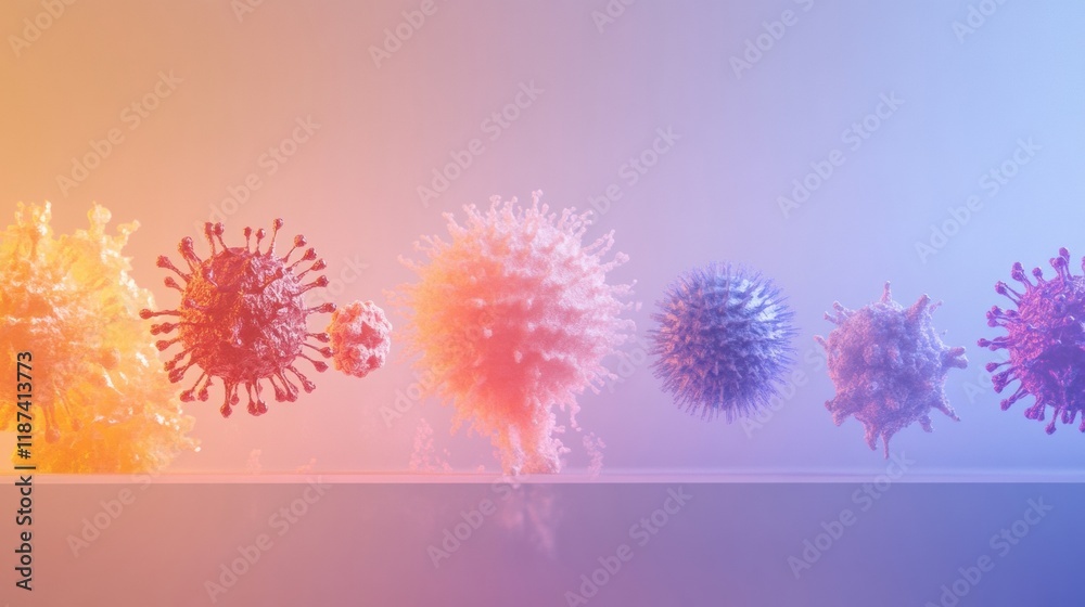 Poster progression of virus forms showcasing evolution from simple to complex structures in a colorful disp