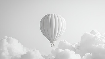 Obraz premium White hot air balloon flying in clear sky against cloudy background; monochromatic photo of hot air balloon soaring over the blue sky