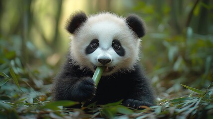 Fototapeta premium Adorable panda cub eats bamboo.