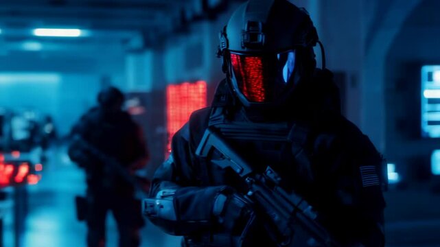 SWAT soldiers team in command center. Special forces in cyber war. Cybercrime, cybersecurity concept. Data and network protection. Armed FBI agent, police officer in operating room. Security guard