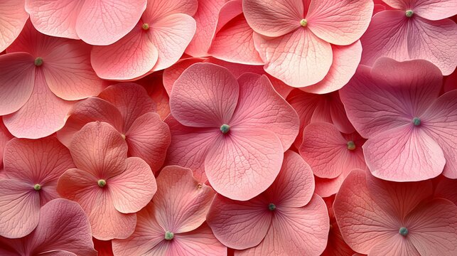 Close-up of many coral pink hydrangea petals.