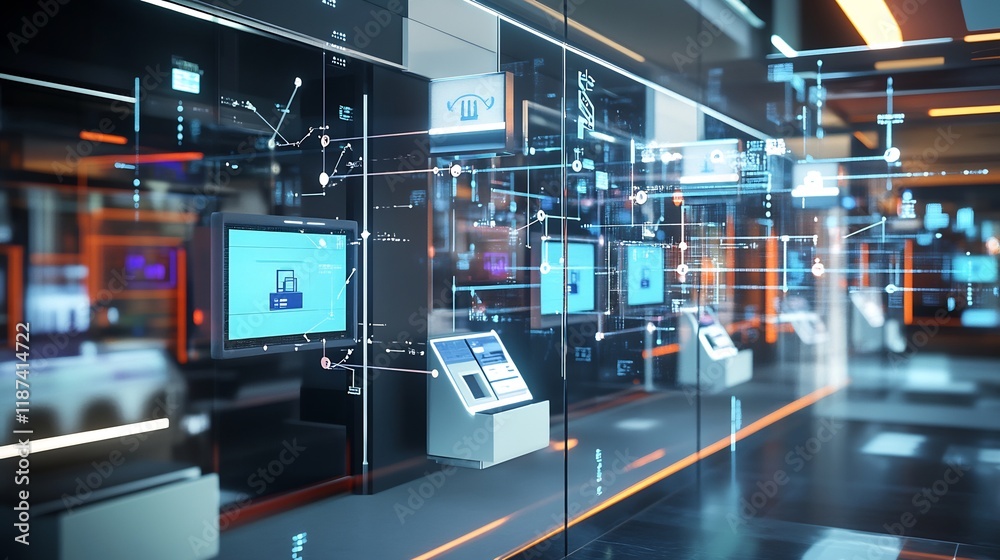 Poster Abstract rendering of retail banking showcasing symbolic branch interconnected nodes representing customer services