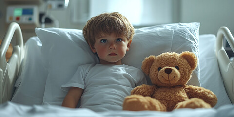 A young child lying in a hospital bed, gently holding a soft teddy bear, evoking a sense of warmth, compassion, and comfort in a nurturing healthcare setting