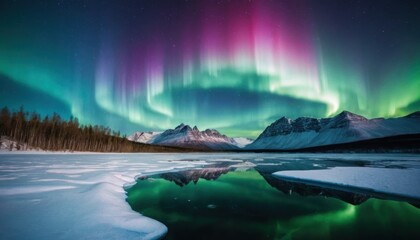 The northern lights dance across a star-studded sky above a frozen lake, creating a mesmerizing display of vibrant colors and reflections.