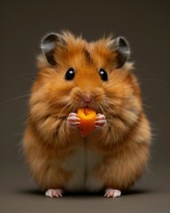 Adorable fluffy hamster holding and eating a small piece of orange food against a neutral background.