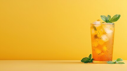   A tall glass of iced tea, garnished with a mint sprig on the edge and a straw centered in the middle