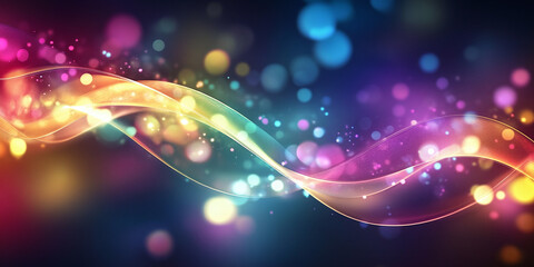 A vibrant abstract background featuring flowing multicolored light waves, bokeh effects, and a dynamic blend of vivid hues.