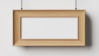 Elegant Light Wood Picture Frame Against a Pristine White Wall, Adding a Classic Touch to an Empty Space.