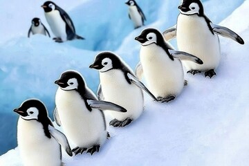 Obraz premium A group of adelie penguins tobogganing down an icy slope, gleefully sliding into the sea