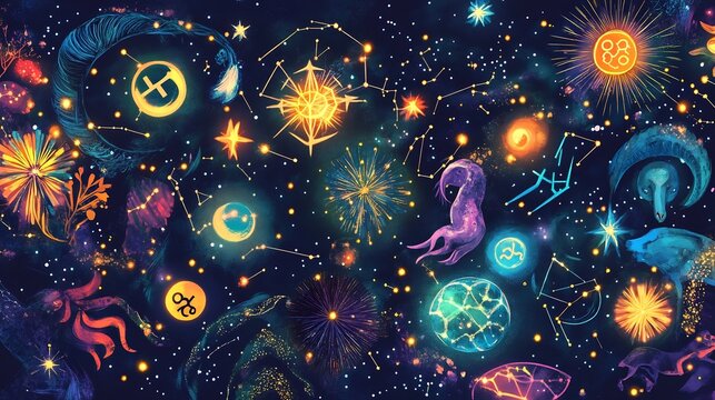 Zodiac signs depicted glowing constellations and intricate star patterns in a vibrant cosmic scene highlighting celestial harmony and astrological symbolism