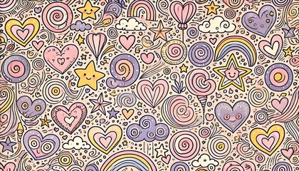 Fototapeta premium Seamless pattern of hand-drawn doodles with cute hearts, stars, and swirls in pastel pink, purple, and yellow tones, playful and charming background, generative ai
