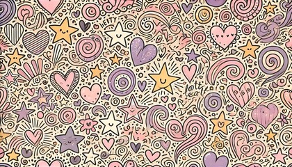 Fototapeta premium Seamless pattern of hand-drawn doodles with cute hearts, stars, and swirls in pastel pink, purple, and yellow tones, playful and charming background, generative ai