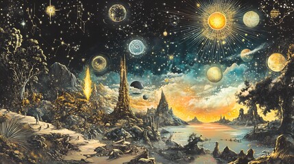 Mystical themes highlighting celestial harmony glowing metaphysical designs astrological interpretations blending universal wisdom