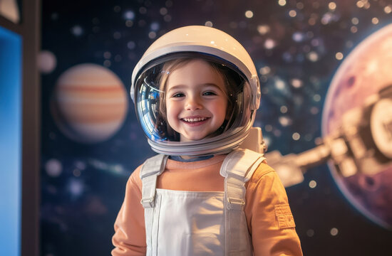 A young girl wearing a space suit and helmet grins widely, showcasing her enthusiasm for space exploration. A colorful cosmic scene with planets is in the background.