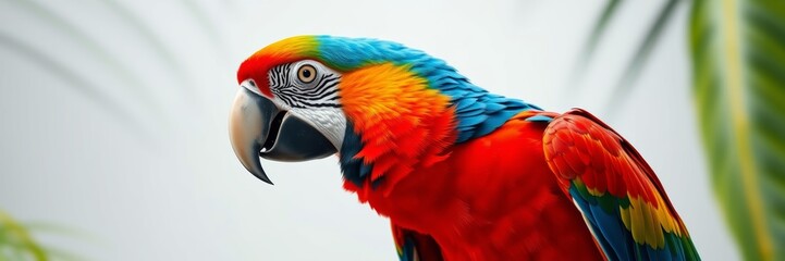 Obraz premium Vibrant Scarlet Macaw Perched Majestically Against Blurred Tropical Foliage
