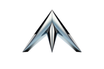 Modern geometric sculpture made of polished metal reflects light in an artistic display