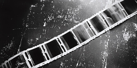 Black and white image of a developed filmstrip lying on a scratched, textured surface, evoking a nostalgic feel of traditional analog photography and film processing.