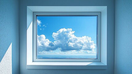 Window view of a bright blue sky with fluffy white clouds.