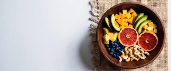 A vibrant assortment of fresh fruits in a wooden bowl on a textured tablecloth. Mango, grapefruit, blueberries, handful of cashews. Narrow banner, white background with space for text. Top view.