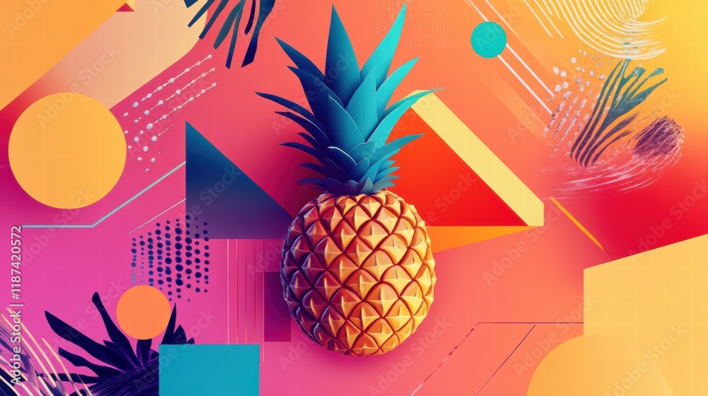 Poster vibrant geometric pineapple design featuring bold colors and abstract shapes in a playful artistic c