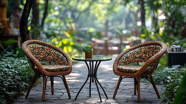 Two wicker chairs and small table in a garden.