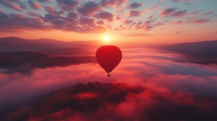 Fototapeta premium aerial view of castelluccio di norcia with fog at sunrise