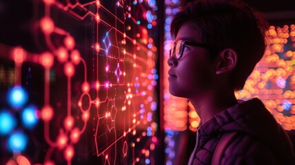 Boy looking at futuristic interactive display with glowing nodes and lines.