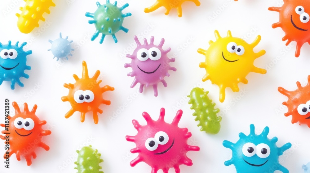 Poster cheerful colorful microbes with eyes and smiles create a joyful atmosphere in a bright setting. gene