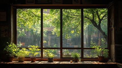 Sunlit window with potted plants overlooking a lush green courtyard.