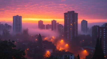 Fototapeta premium amanecer en la ciudad con neblina
