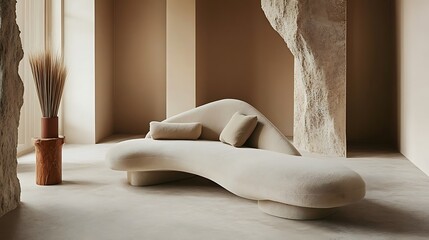 Sofa with a sleek, angular design and soft, comfortable cushions in muted tones 