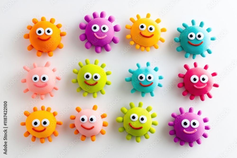Poster cheerful colorful microbes with expressive faces arranged in a bright pattern on a white background.