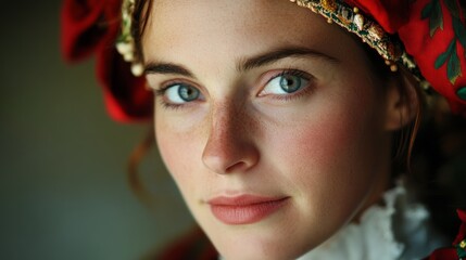 Portrait of a Welsh woman in Welsh national and cultural costume. Woman from Wales in traditional Welsh dress.