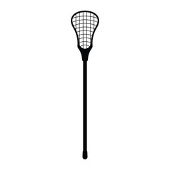Lacrosse stick vector icon. Sports equipment symbol for lacrosse games, training, and outdoor activities. Black silhouette isolated on white background.