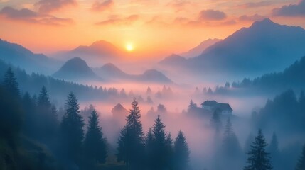 Fototapeta premium beautiful sunrise in the mountains with fog crawling between the trees and houses in a village