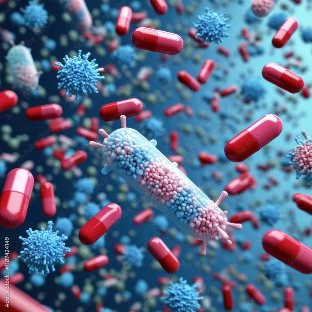 Poster pills engaging bacteria in a dynamic representation of medical advancements in combating infections.