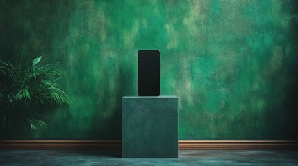 Phone on green cube, green wall, plant.