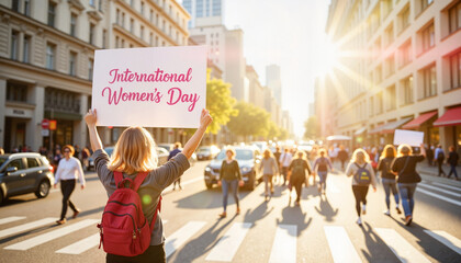 Obraz premium Young woman promoting International Women's Day in busy city street, empowerment