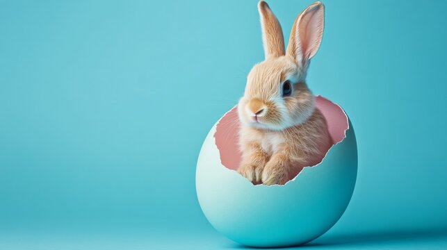 Baby rabbit emerging from a blue egg on a pastel background, whimsical and playful concept