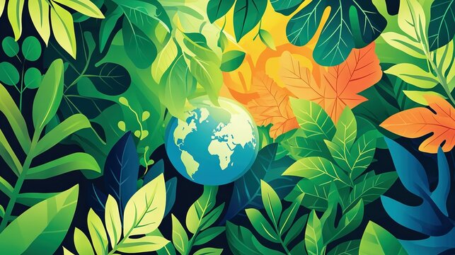   A painting featuring a globe at the center with surrounding leaves represents the Earth encircled by foliage