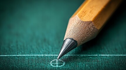 Close-up of sharpened pencil on green paper, marking a point.