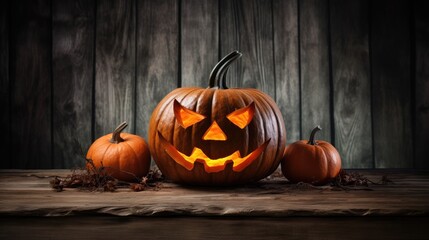 Obraz premium Glowing Jack O Lantern surrounded by small pumpkins on a rustic wood table, atmospheric Halloween decoration setup against a dark wooden wall.