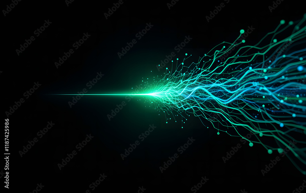 Wall mural a vibrant green and blue digital stream converging into a sharp point, symbolizing data flow and inn