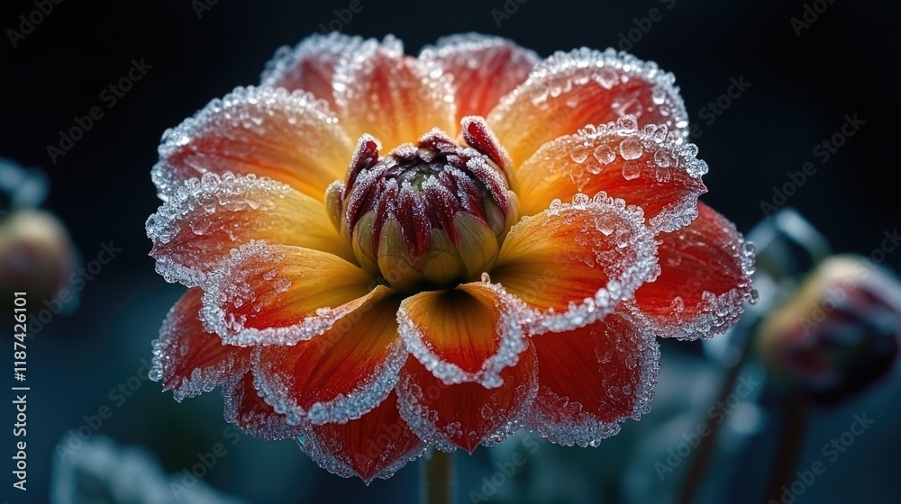 Poster a detailed shot of a frozen flower with ice crystals forming intricate patterns