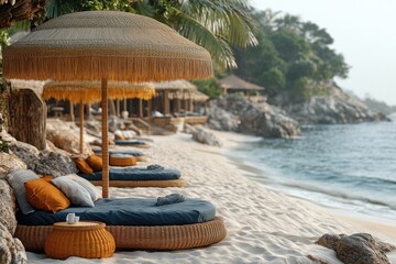 Cozy lounge chairs on a sunny beach with the ocean in the background