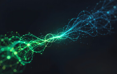 A vibrant green and blue digital stream converging into a sharp point, symbolizing data flow and innovation on a black background 