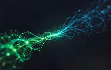 Fotobehang A vibrant green and blue digital stream converging into a sharp point, symbolizing data flow and innovation on a black background  © Sajeduil