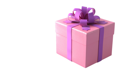 A pink gift box tied with a purple ribbon rendered in 3D on a white background