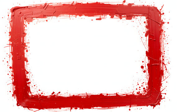  Abstract red frame made with energetic brushstrokes, with paint splatters and a textured appearance on a clean white background